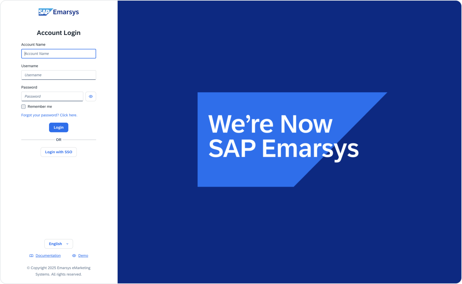 The SAP Emarsys login screen with refreshed branding